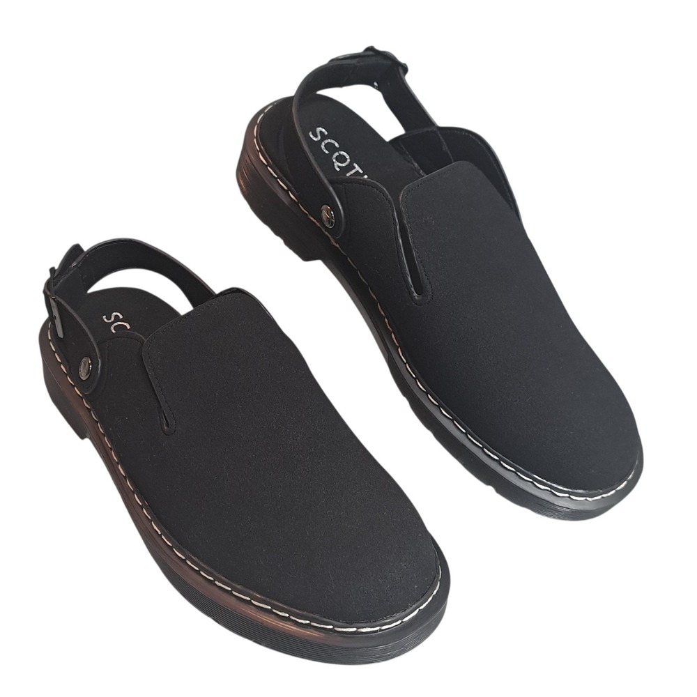 SCQTL Women's Black Faux Suede Slip-On Clog‎ Sandals Size 10.5/41 Buckle Comfort